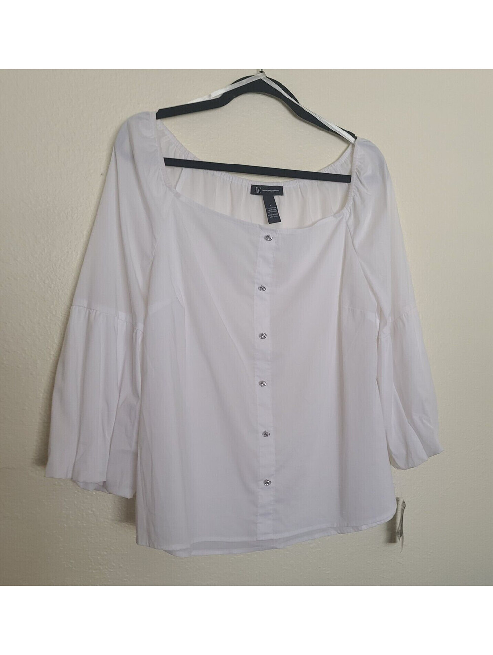 INC Women's Blouse Size L White 3/4 Puff Sleeves Square Neck NEW NWT